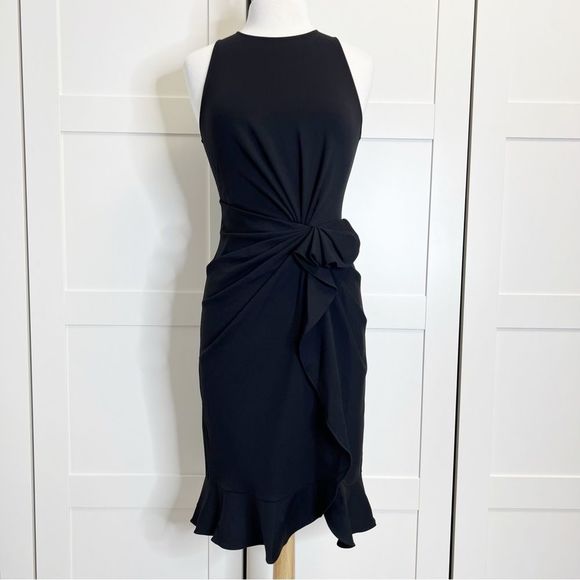 Ungaro Adrienne Midi Dress Black NWT Small Ruched Ruffle - Picture 1 of 7